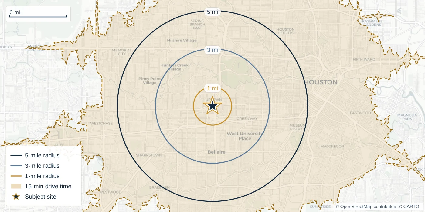 A generated trade-area map showing one-, three-, and five-mile rings around the site plus the irregular area reachable within a fifteen-minute drive.