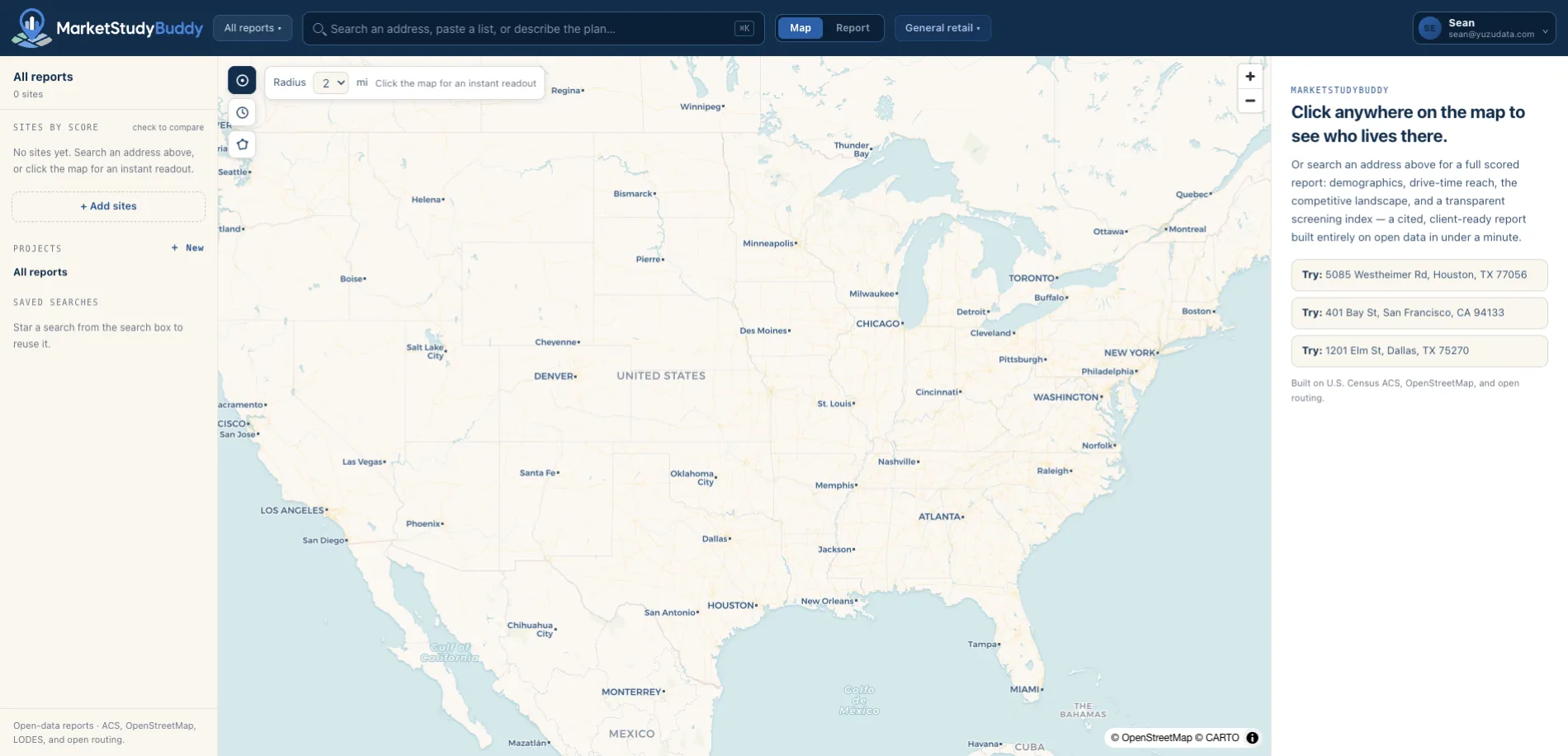 The MarketStudyBuddy workspace: a search box above a map of the United States, a report rail on the left, and a readout panel on the right.